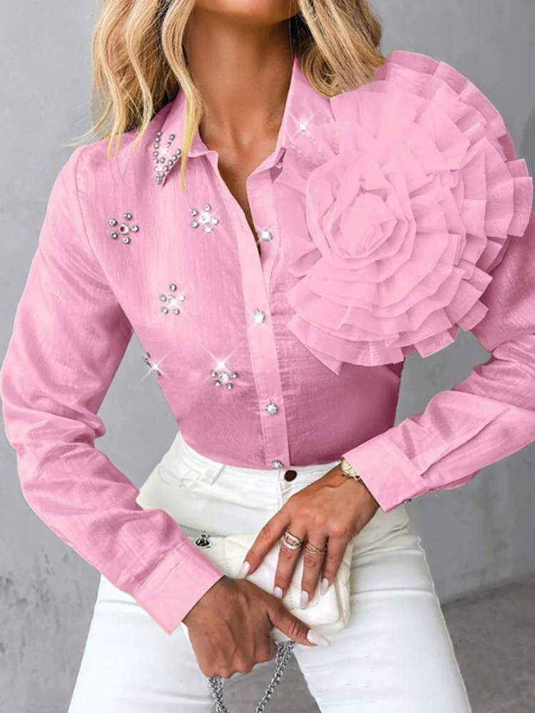 

Summer Office Lady Solid Long Sleeve Shirt Tops Women Elegant Slim Fit Flowers Blouse Casual Streetwear Buttons Blusa 2024