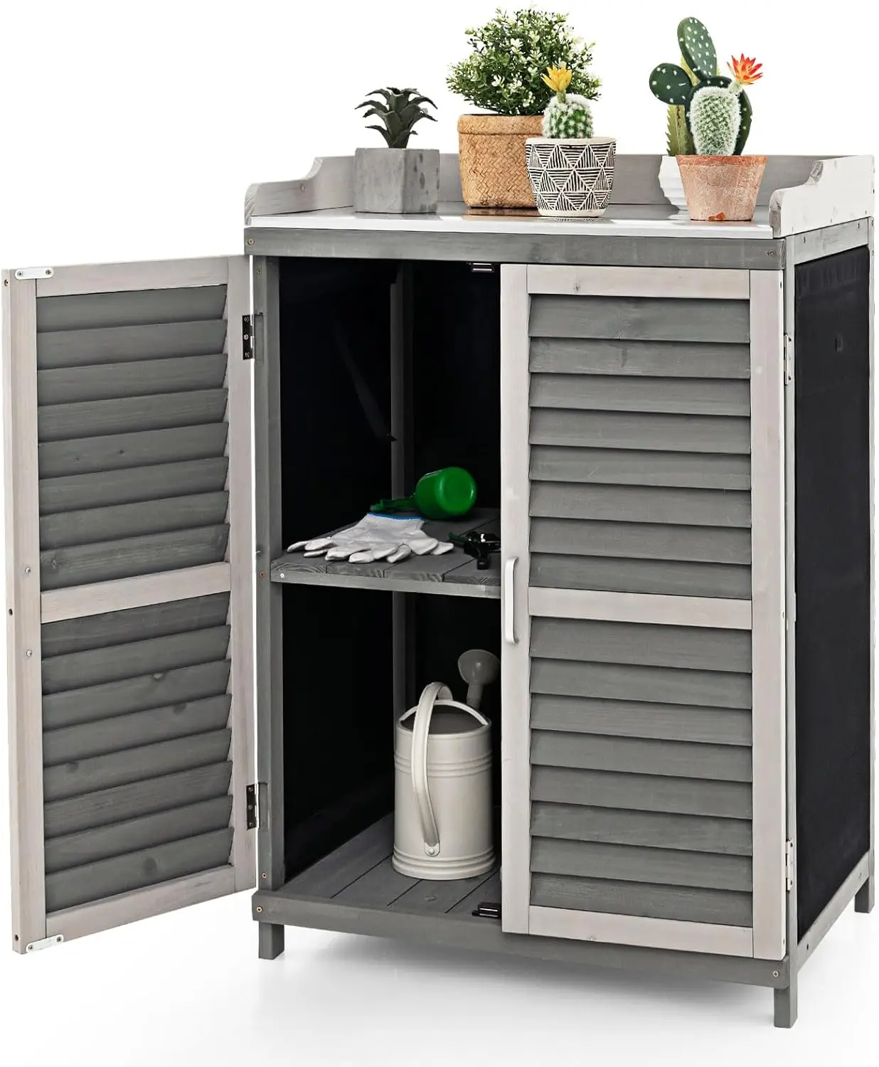 

Outdoor Potting Bench Table, Garden Storage Cabinet w/Metal Tabletop, Roll-up Side Door, Solid Wood Potting for Garden,Patio