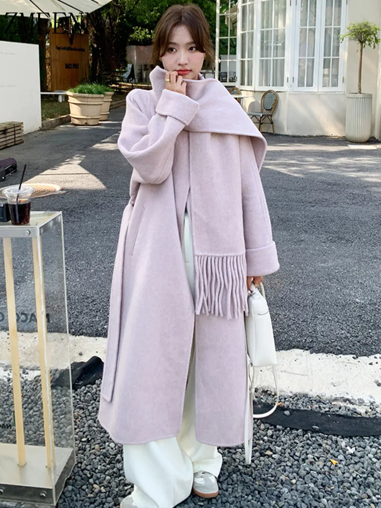 

ZMEENNA Stylish Women's Wool Blend Long Coat With Matching Scarf Loose Fit Warm Winter Outerwear For Casual Elegance ZM3525