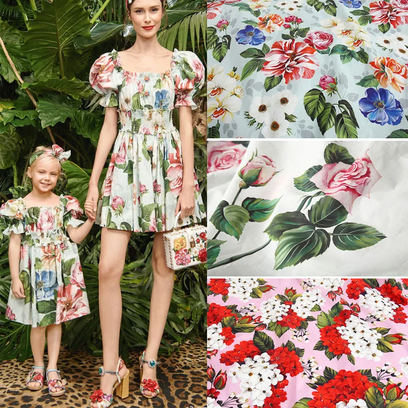 Europe and America Fashion Cotton Peony Rose Flower Printed Fabric Cloth Thin Parent-Child Clothing Blouse Sewing For Women DIY