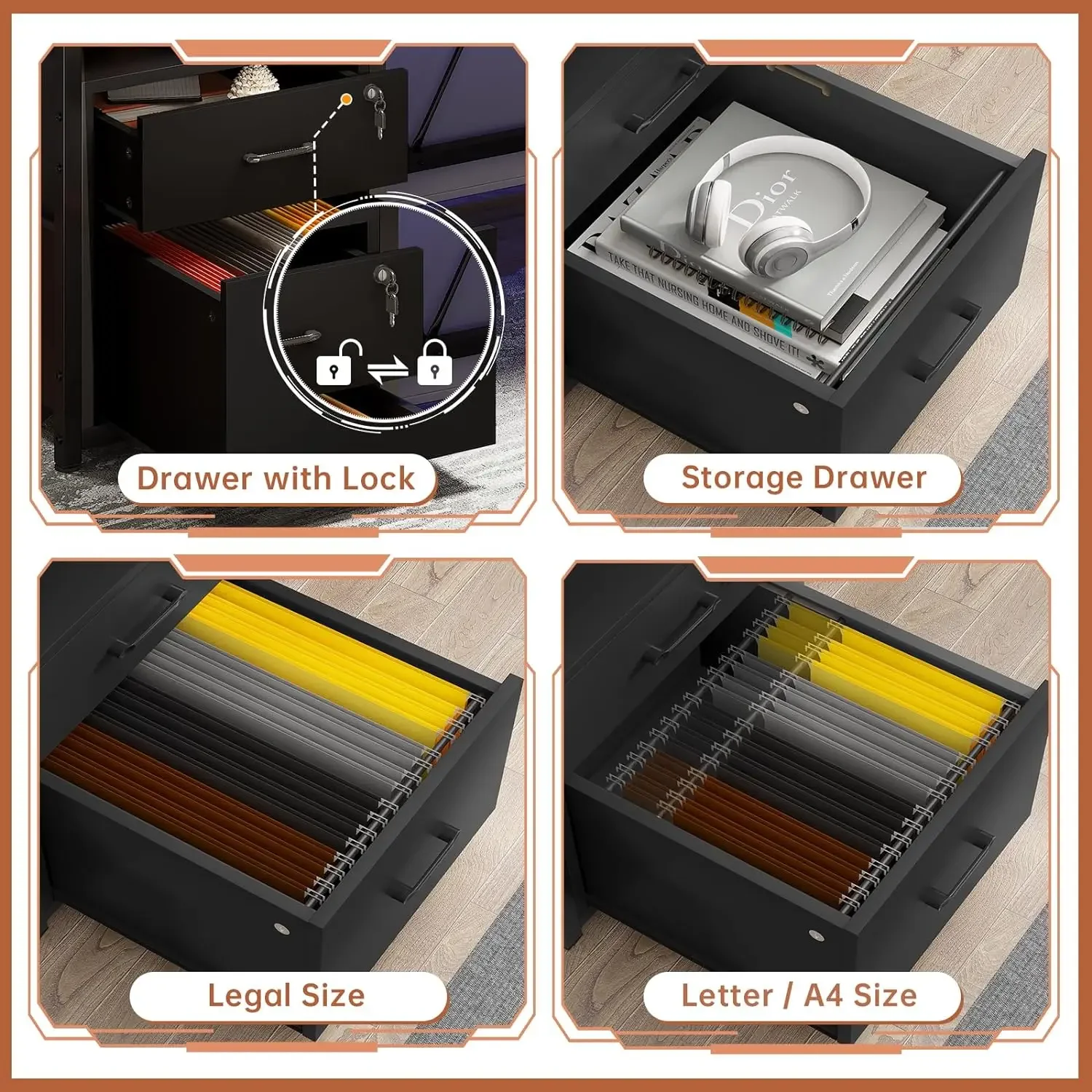 SEDETA 63" Computer Desk, Office Desk with Lockable Drawers for Legal/Letter File, Gaming Desk with LED Lights & Power Outlet