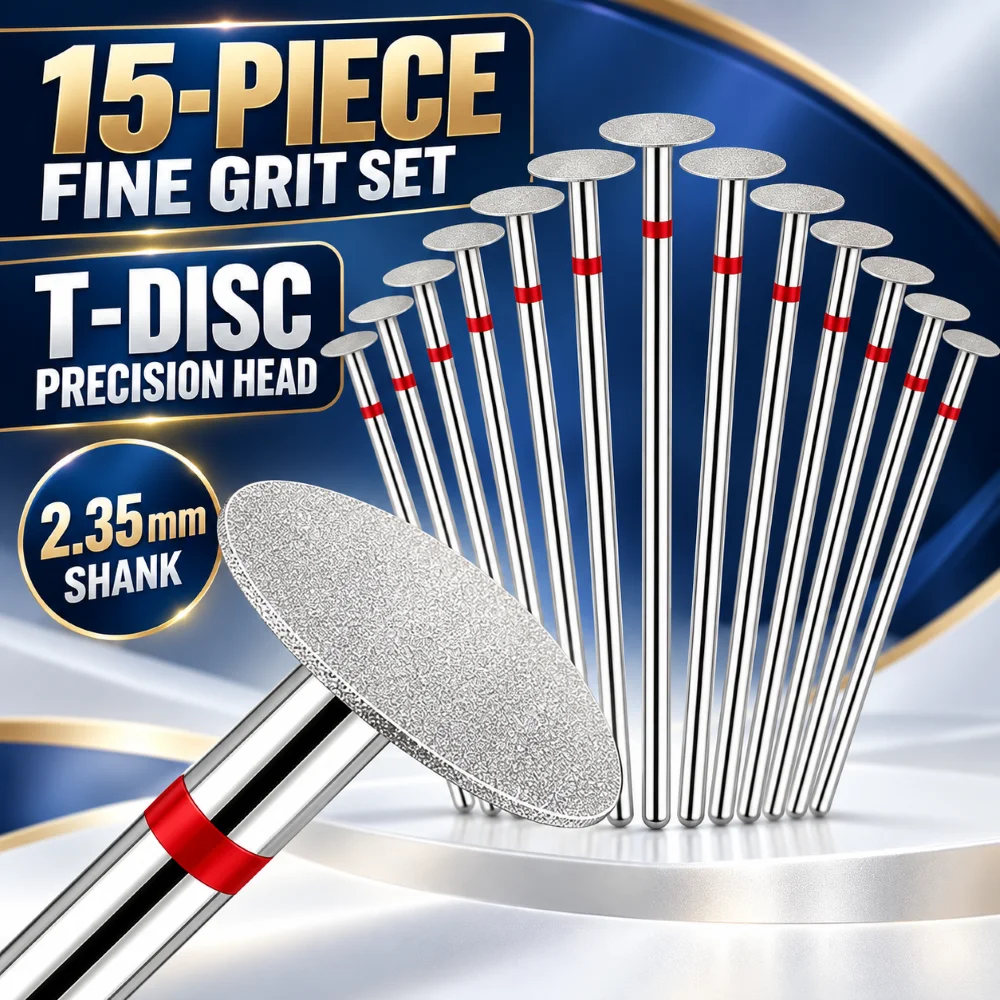 15Pcs Diamond Cuticle Drill Bits T Shape Flying Disc 2.35mm Universal Shank Fine Grit  For Detail Finishing Manicure Tool