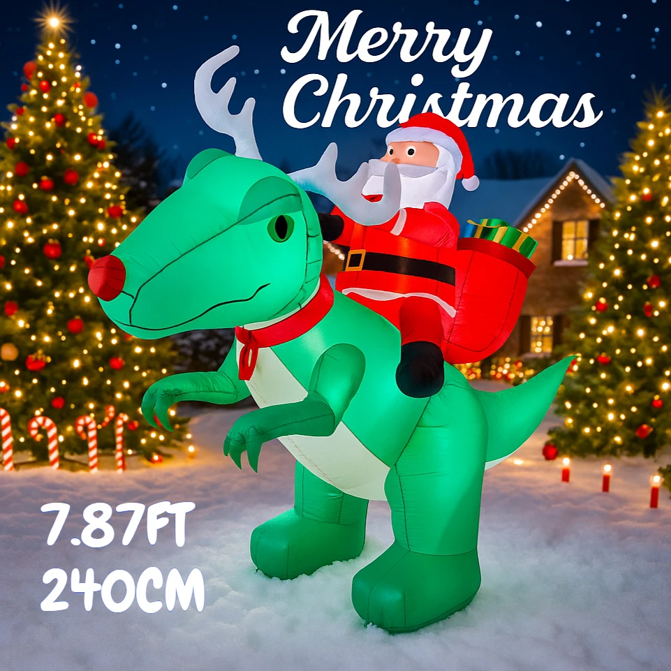 

7.87FT Inflatable Toy Santa Claus Dinosaur Decor with LED Lit Xmas Yard Decoration Christmas Supplies Home Ornament Festive Gift