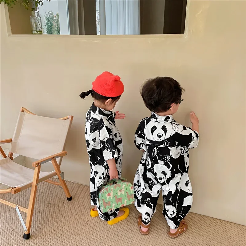 Summer Boys and girls panda print half sleeve jumpsuits Kids turn-down collar ankle length playsuits