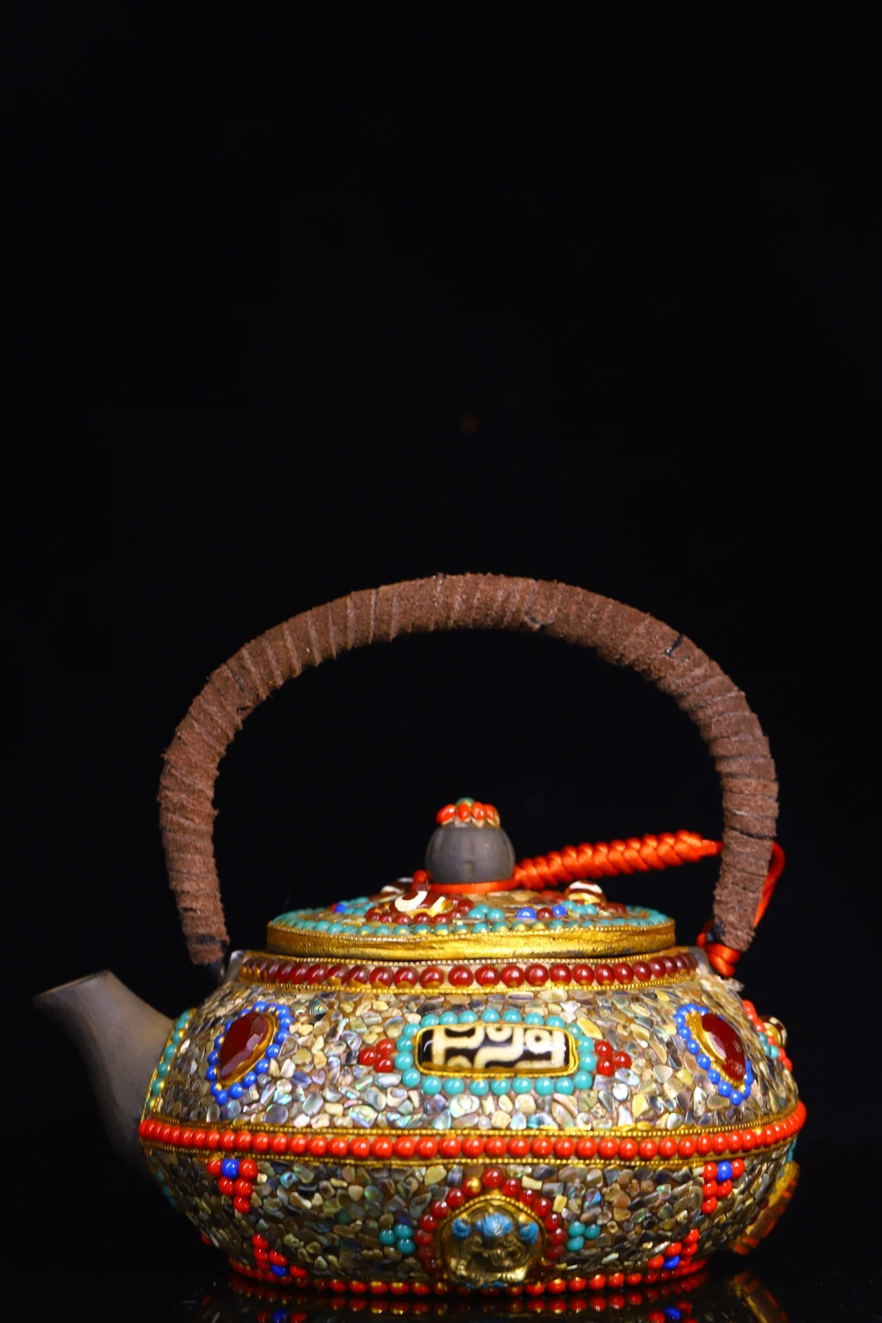 

7"Tibetan Temple Collection Old Tiantie Mosaic Gem gZi Beads Shell Butter Pot Beam jug Kettle Teapot Ornaments