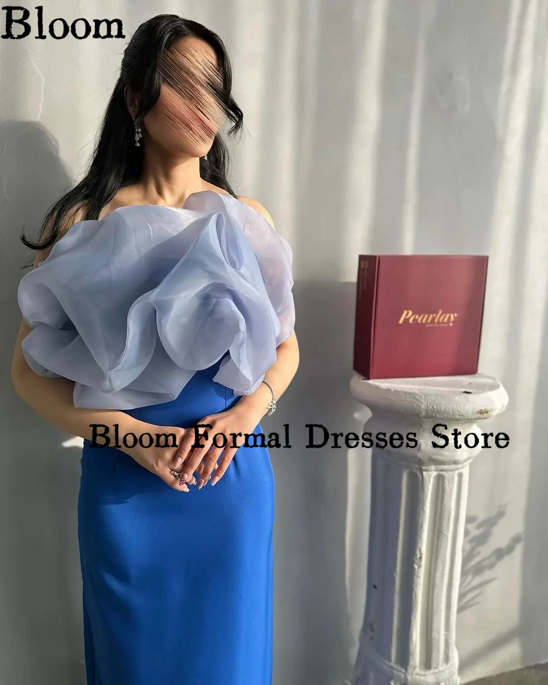 Bloom Simple Blue Evening Dresses For Prom Organza Ruffles Sleeveless Straight Formal Dress Elegant Wedding Party Dress 2024