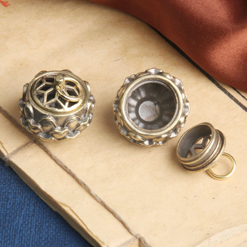 Brass Lotus Charms Incense Holder Lucky Key Chain Pendants Pill Container Bottle