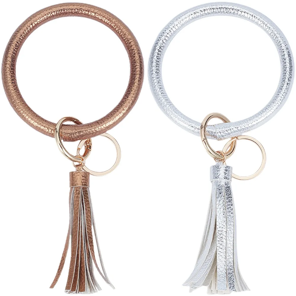 

2Pcs 2 Colors PU Leather Tassel Bracelet Wristlet Keychain Mixed Color 20.5cm 1pc/color