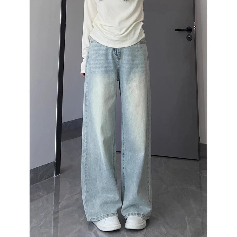 

Woman Streetwear Wide Leg Trousers Washed Vintage Straight Jeans Women Versatile Casual High Waisted Light Blue Denim Pants