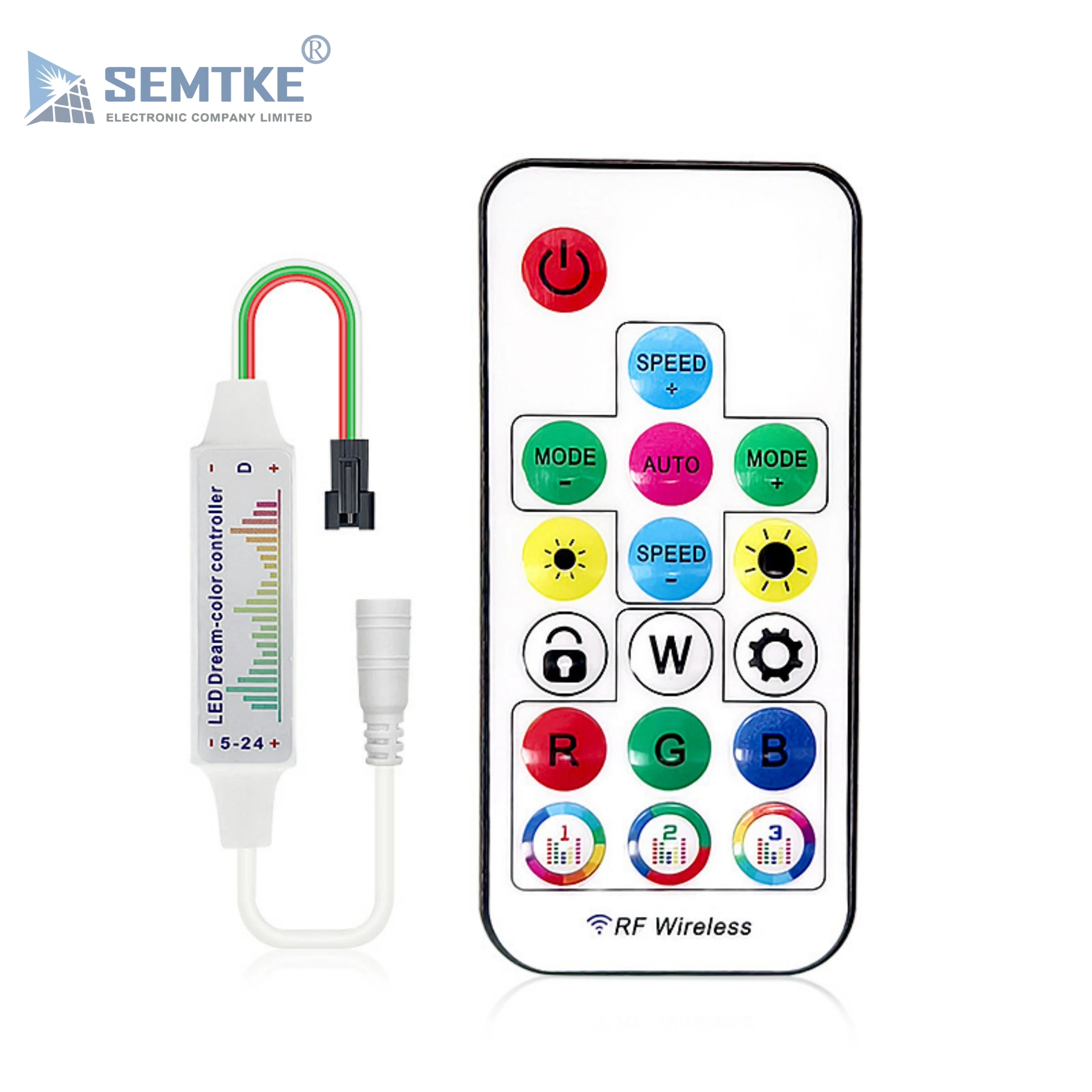 RF17-Button Color-Changing Music LED Strip Controller with DC Connector, Full-Color 5-24V LED Strip, Voice-Controlled Dimming