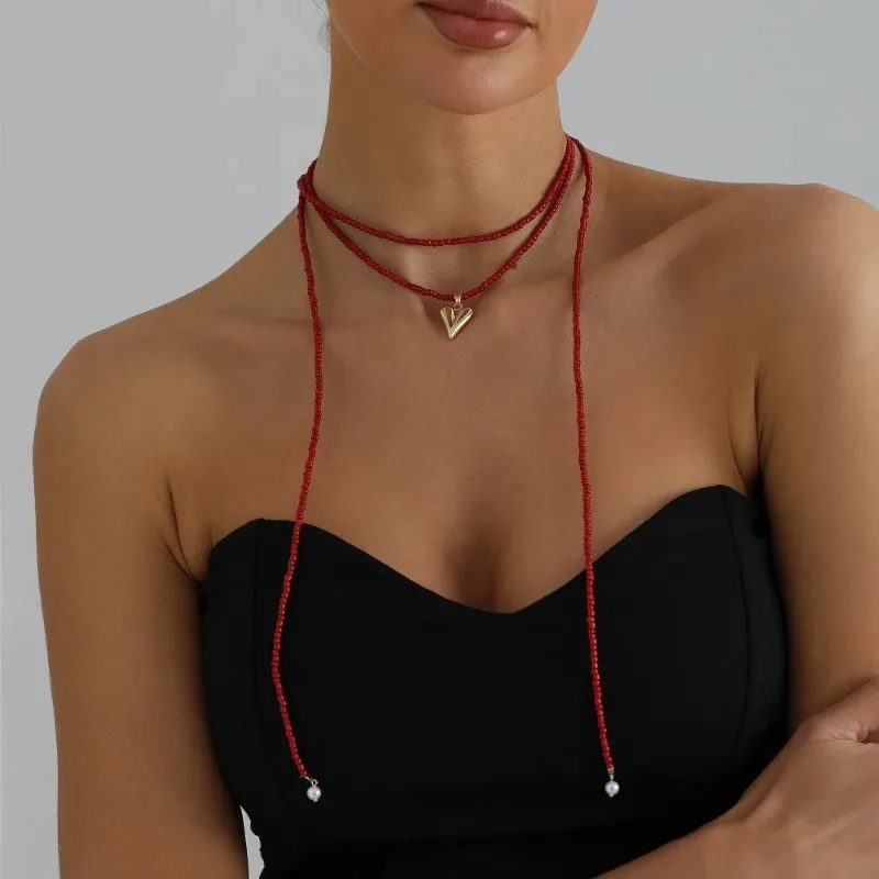 Millennial Hot Girl Style Gold Color Heart Pendant Red Beaded Long Lariat Layered Necklace for Women Fashion Street Wear Jewelry