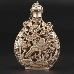 RARE CHINA TIBET SILVER PENDANT SNUFF BOTTLE HOLLOWED OUT CRANE MASCOT GIFT