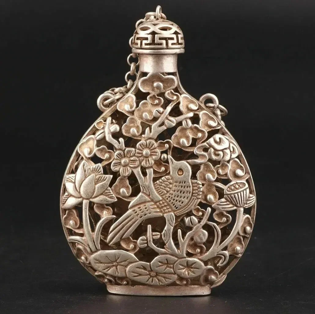 RARE CHINA TIBET SILVER PENDANT SNUFF BOTTLE HOLLOWED OUT CRANE MASCOT GIFT