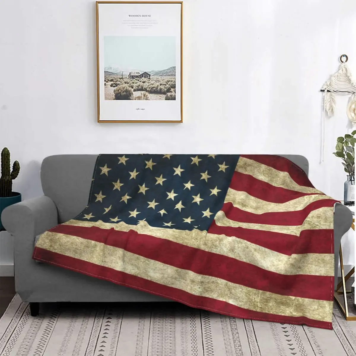 

Sofa Fleece Vintage American Flag Throw Blanket Warm Flannel USA Proud Blankets for Bedroom Car Sofa Quilt