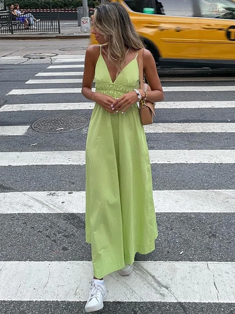 

Chicheca Elastic Smocking Green Cotton V Neck Summer Women's Dress Sleevless Long Green Maxi Casual Strapy Dress Solid Female