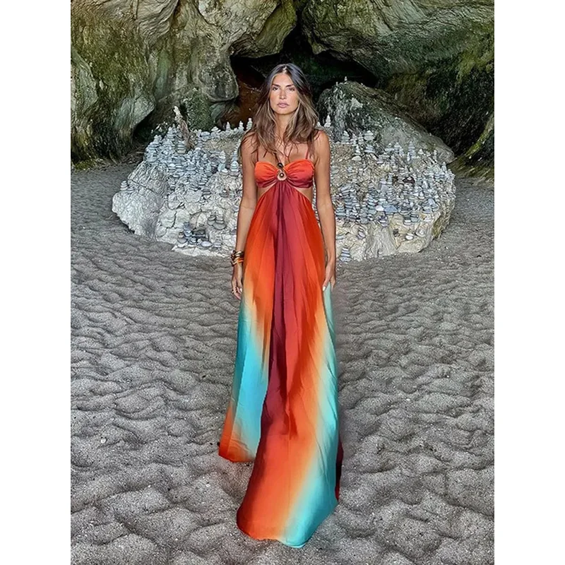 JINIA ชุดเดรสแม็กซี่พิมพ์ลายสีสันสดใสกลวงออกเอวสูงเซ็กซี่ชายหาดวันหยุด 2025