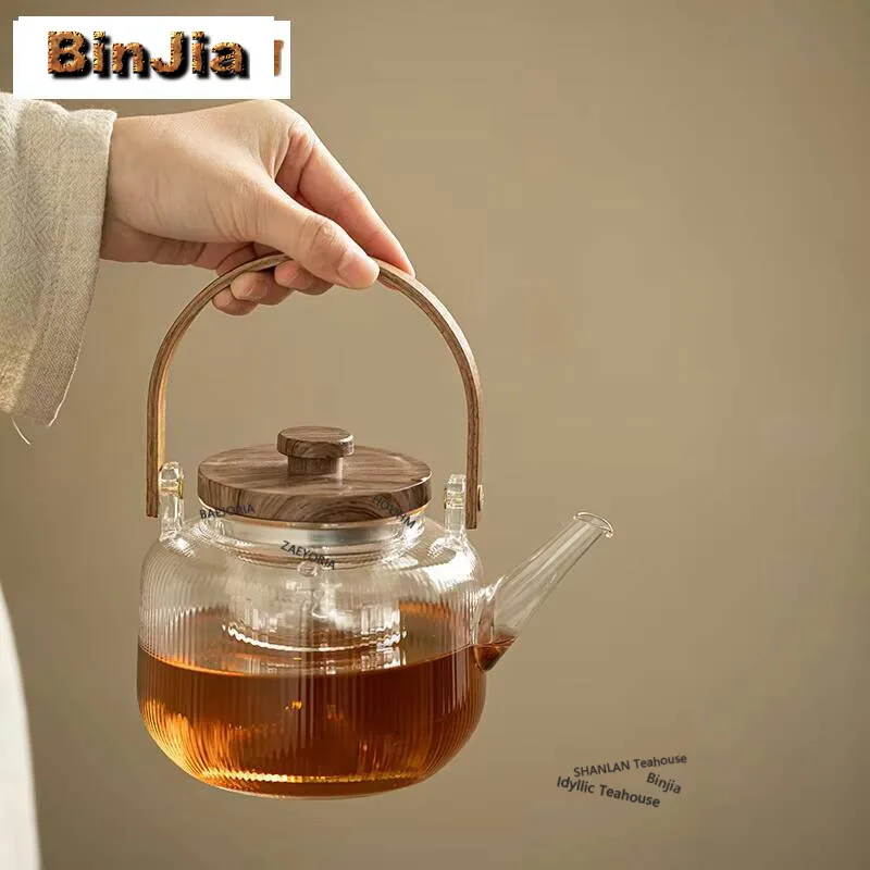 

800ml Transparent Glass Bamboo Loop-handled Teapot Vertical Pattern Steaming Teapot Boiling Water Pot Kettle Chinese Teaware