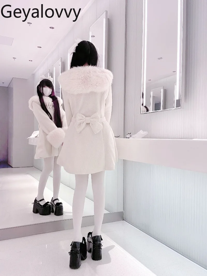 เสื้อโค้ทขนสัตว์แบบยาวปานกลาง ดีไซน์ดั้งเดิม ผลิตจำนวนมาก แต่งโบว์ เอวสูง ทรงเข้ารูป สไตล์ญี่ปุ่น น่ารัก