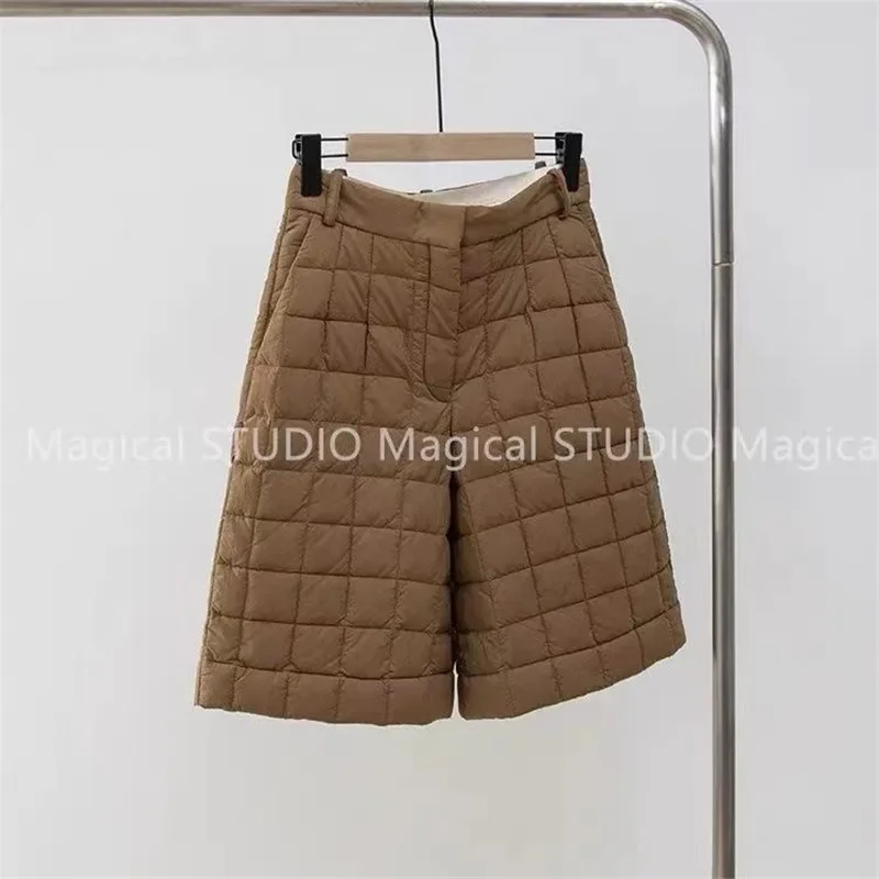 High Waisted Warm Cotton Shorts Women Retro Coffee Checkered Short Trousers Versatile Boots Pants Fashion Womens Clothing