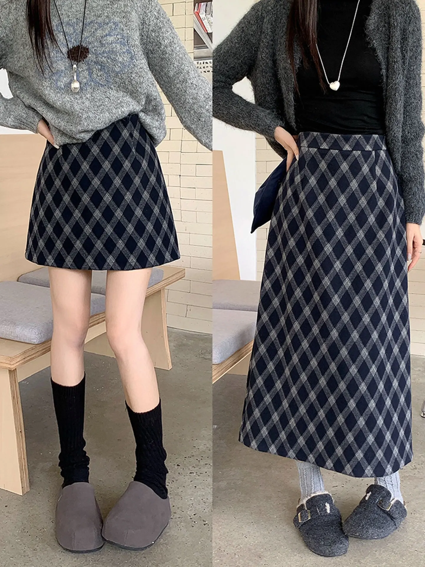 

Корейская женская шерстяная юбка в клетку больших размеров, с высокой талией, А-силуэт, миди, осенне-зимняя, прямого кроя, модная