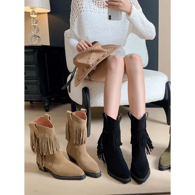 Retro Tassel Women's Boots Autumn Pointed Toe Thick Heel Modern Shoes for Women Slip-on Short Tube Ankle Boots Botas De Mujer