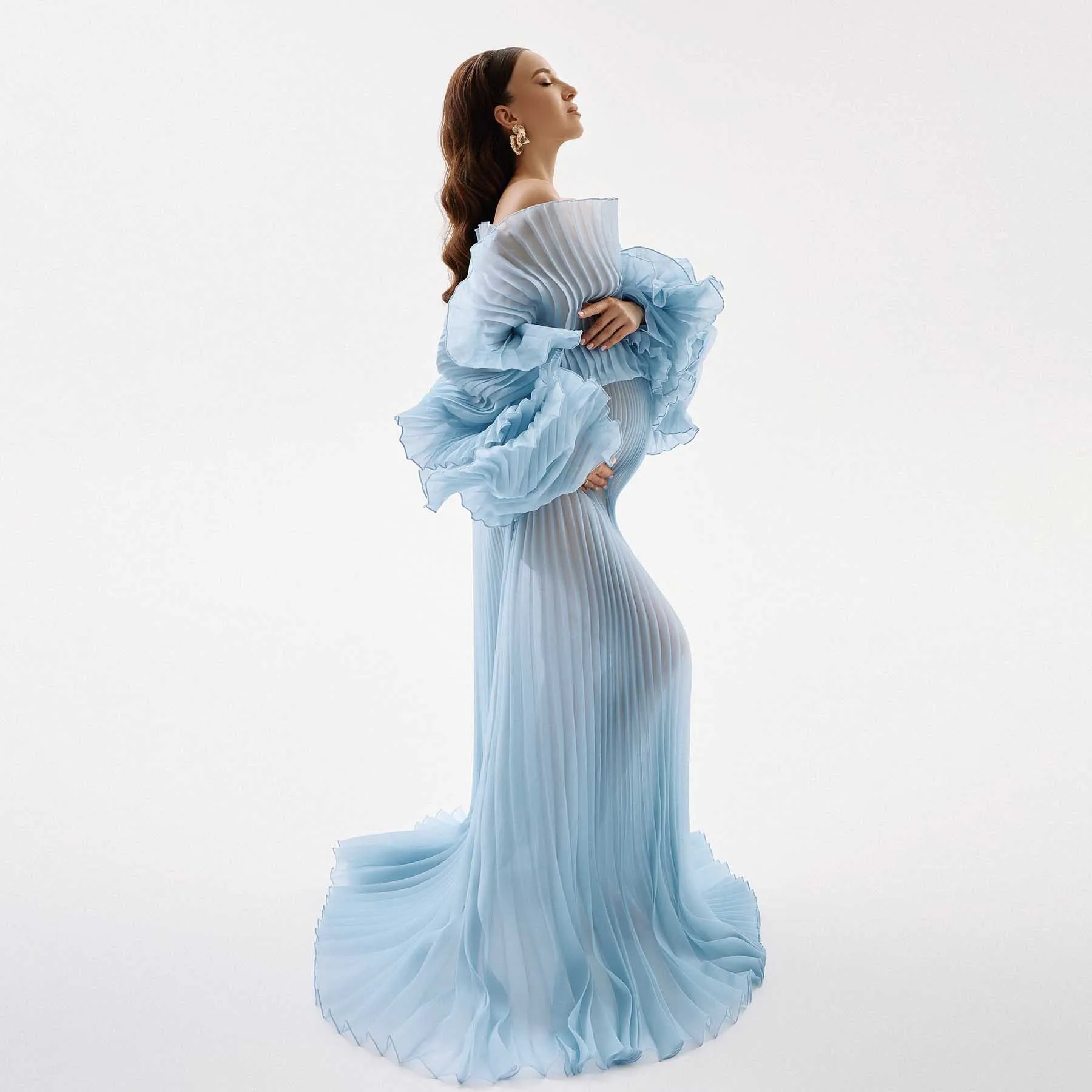 Hot Sale Full Pleated Maternity Dress Photoshoot Blue Organza Pregnancy Dresses платье для беременных Custom