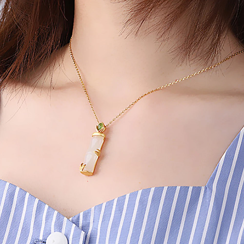 

100% s925 Silver Gold-Plated Fashion Noble Hetian Jade Inlaid Bamboo Pendant Necklace Vintage Ladies Necklace High Jewelry