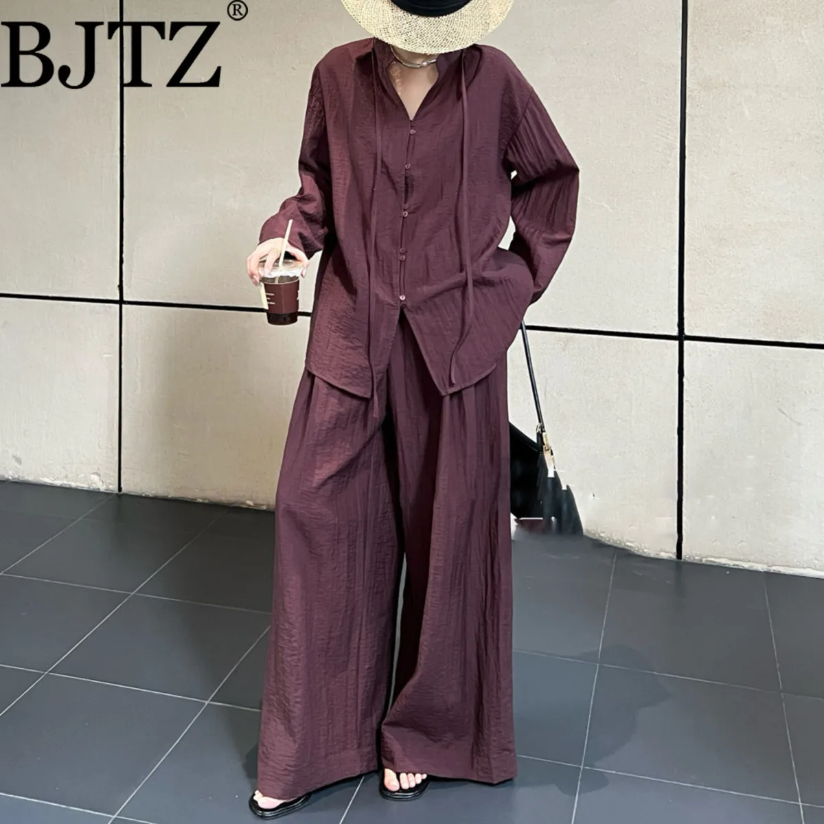 

BJTZ Solid Color Loose Casual Women Set 2025 Spring Summer New Lace-up Collar Long Sleeve Shirt+wide Leg Pants Two Piece Sets