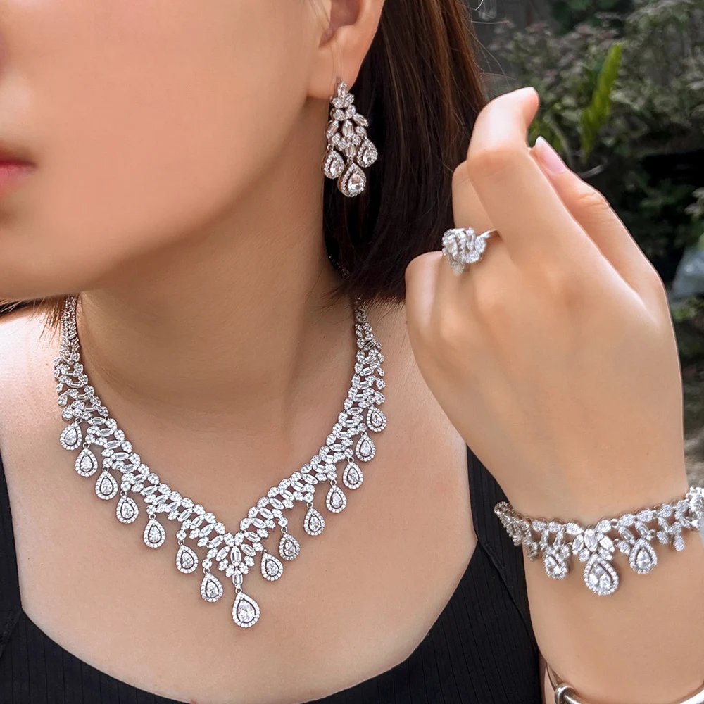 BeaQueen Shiny White CZ Water Drop Tassel Drop Necklace Earrings Bracelet Ring 4pcs Jewelry Set for Women Wedding Party JS427