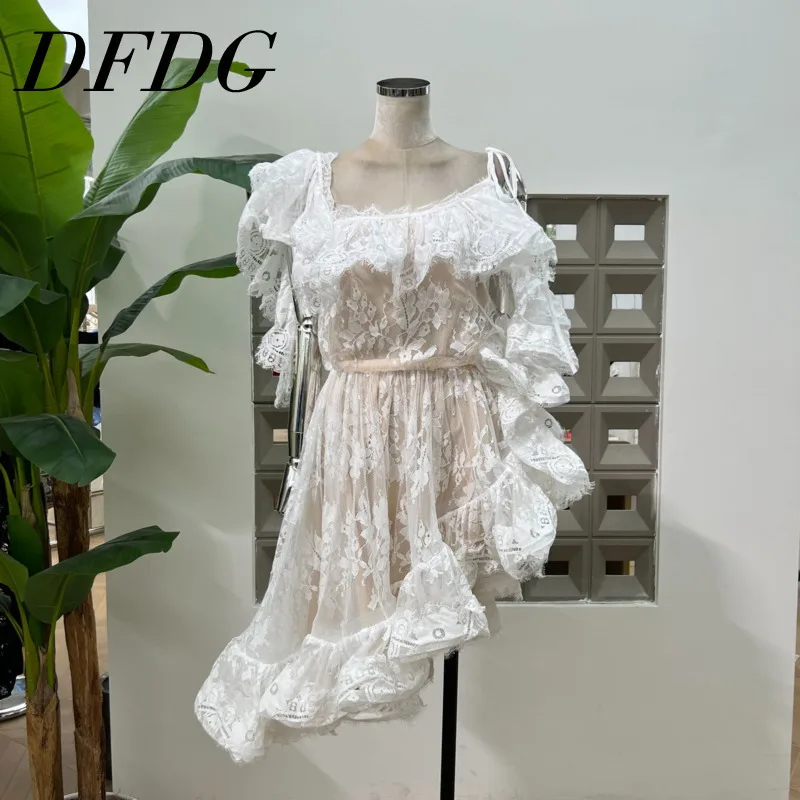 

DFDG High Quality 2025 Summer New Women's Lace Irregular Waistband, Waist Cinched Ruffle Edge Single Shoulder Dress