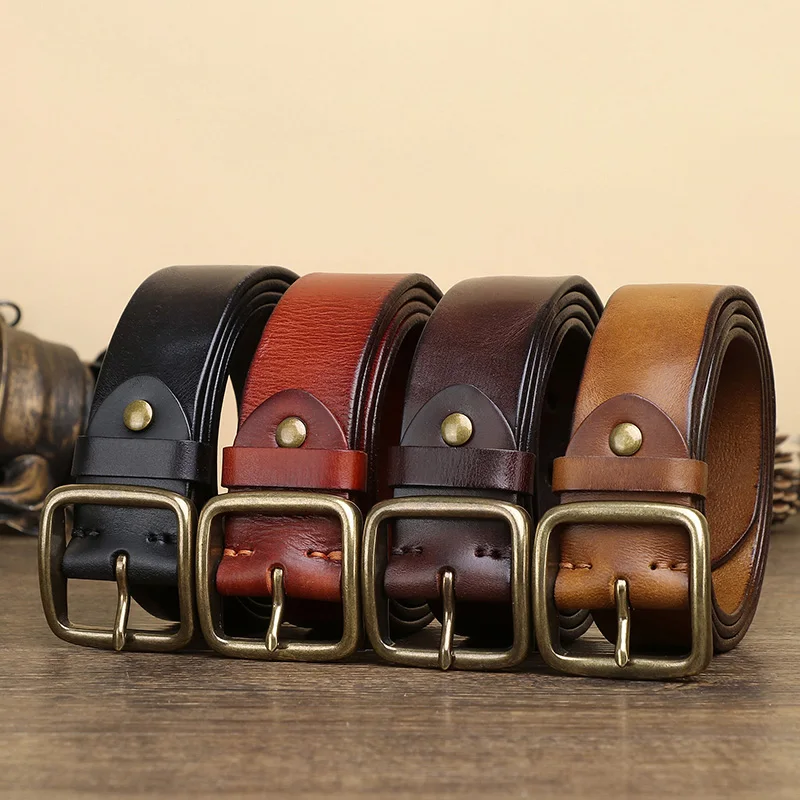 Vintage Luxury Handmade Leather Copper Buckle Man\'s Belt Cowhide Retro All-match Casual Jeans Soft Belts Lumbar  Man