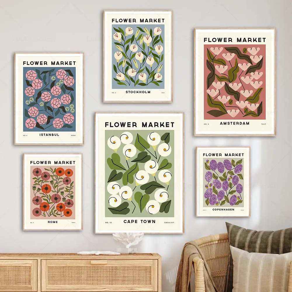 زهرة السوق مدينة الملصقات يطبع مجردة النباتية جدار الفن الملونة قماش اللوحة الشمال صورة لغرفة المعيشة ديكور المنزل