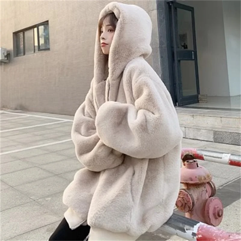 New Lmitation Rabbit Fur Fur Coat Women Winter 2025 Korean Version Loose and Thick Hooded Plush Top Student Sweatershirt Female