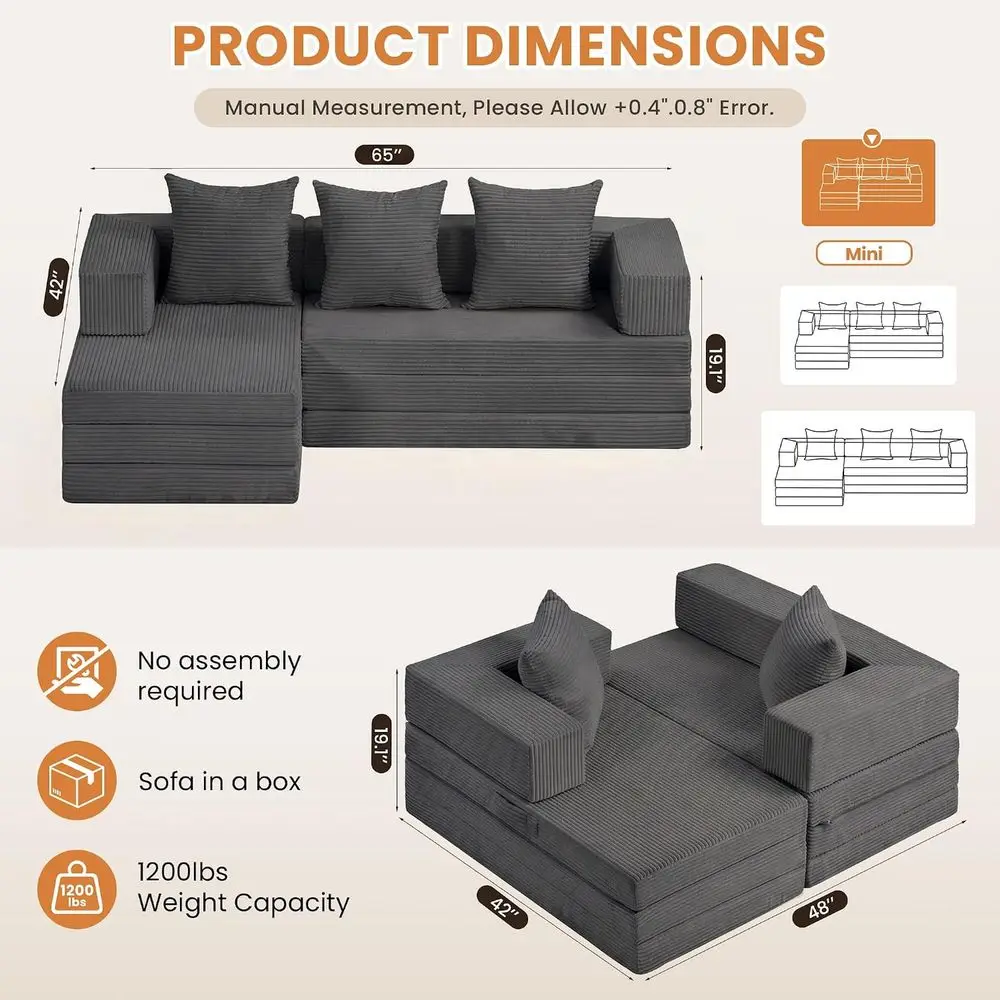 Small Convertible Sleeper Sofa Bed, Ultra Sectional Sofa, Eastern Tri-folding Cloud Couch with L-Shape Chaise, Corduroy Cotton C
