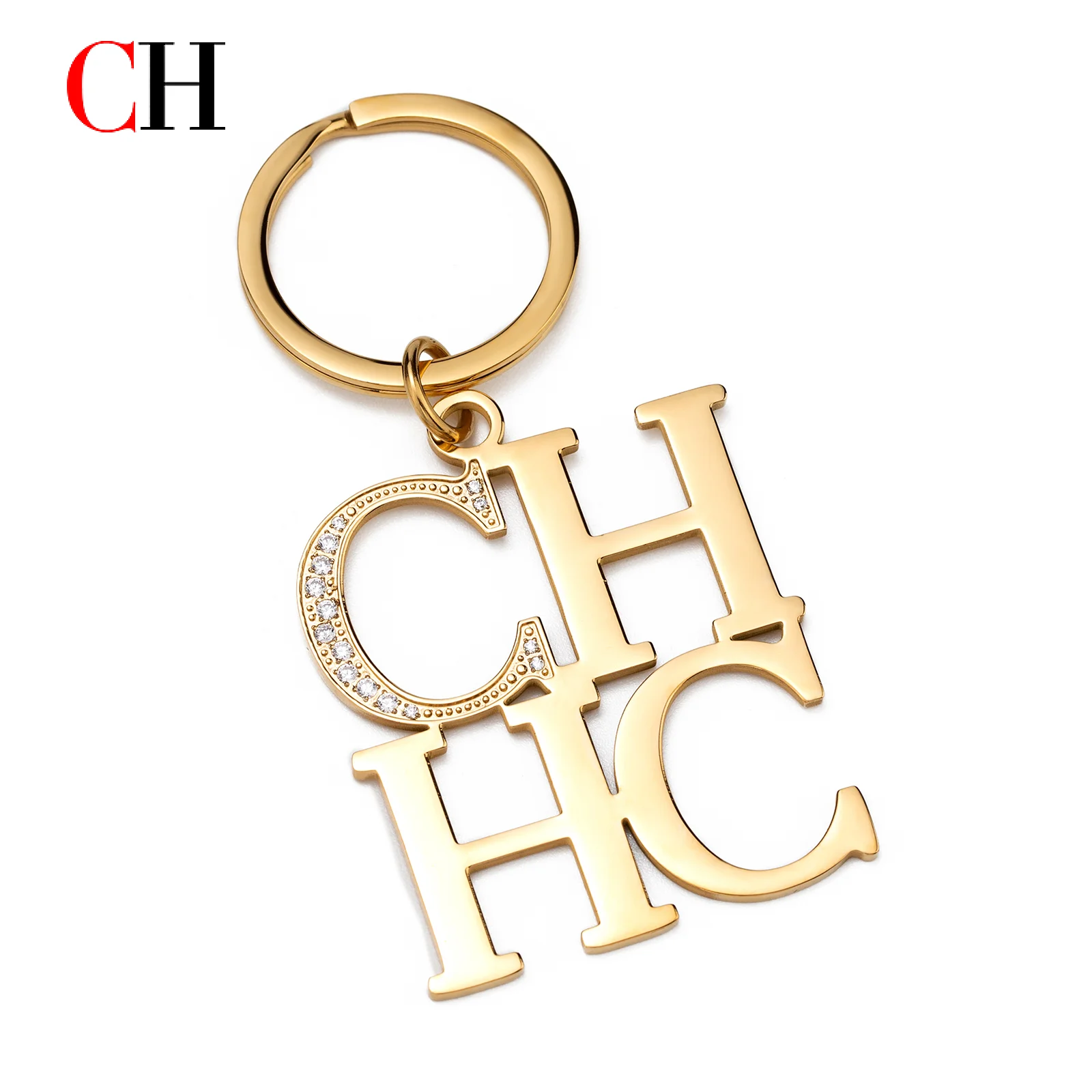 CH Keychain Gold Crystal Decorated Letter Pendant Waterproof Durable Keyring with Gift Box Luxury Bag & Car Key Accessory
