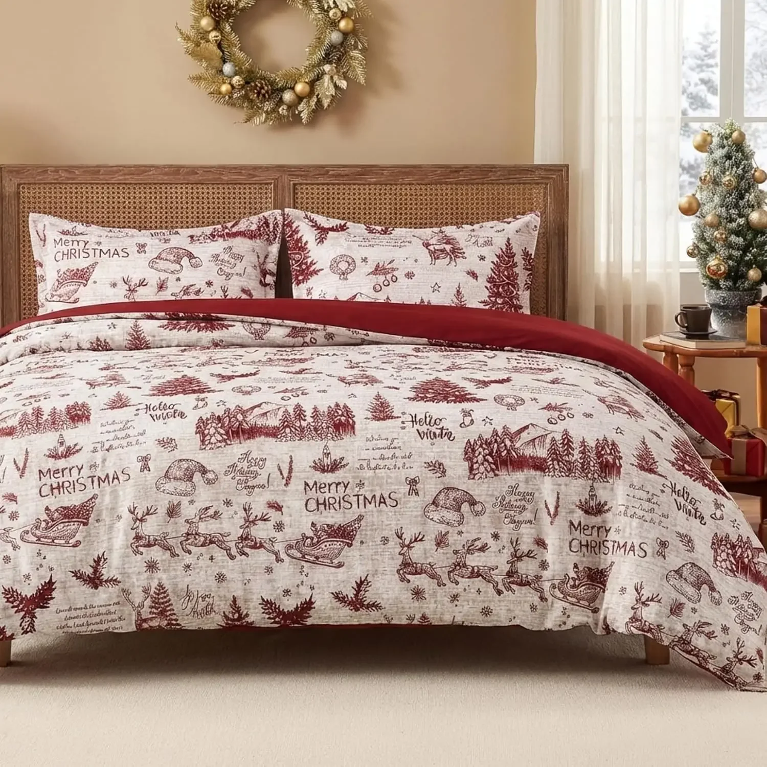 3pcs Christmas Duvet Cover Twin Size 2 Pieces Christmas Holiday Printed Duvet Cover Bedding Set 90X90Inch and 20X6Inch/104x90inch and 20x36inch