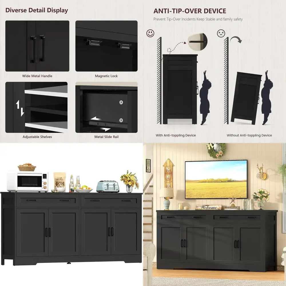 

Large 63 Sideboard with Storage, 2 Adjustable Shelves, 4 Doors, Ideal for Coffee Bar or Kitchen, Living Room, Black