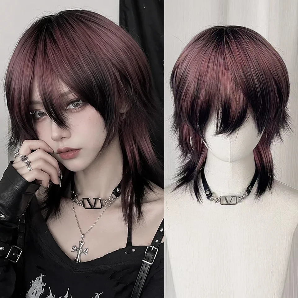 Pink Black Mullet Head Wig with Bangs Synthetic Short Straight Natural Fluffy Women/Men's Wig for Cosplay Halloween Costume Part