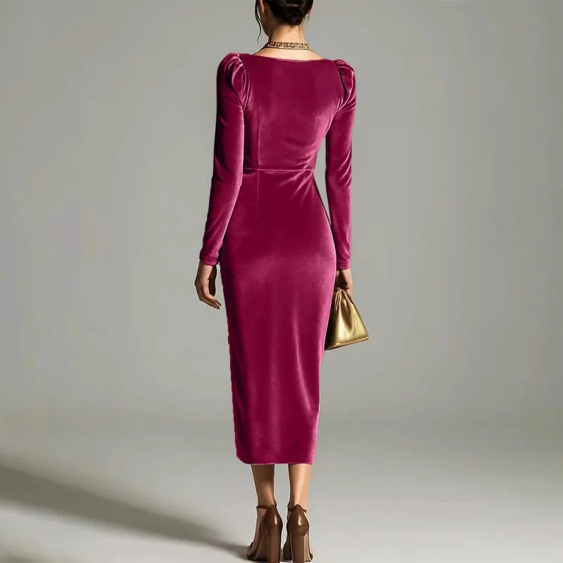 Elegant Velvet Party Dresses for Women Fitted Ruched U Neck Long-sleeved Long Dress Spring Autumn Fashion Women's Evening Gowns