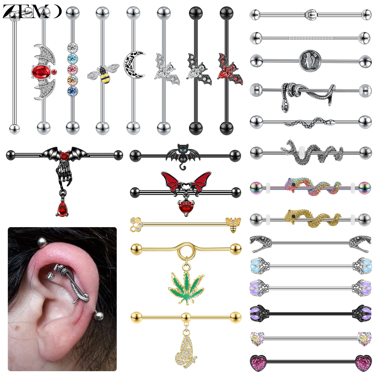 ZEMO 1 pieza Punk 14G Acero inoxidable largo Industrial Piercing hombres mujeres 38MM pendientes de tuerca cartílago pendiente joyería para Piercing corporal