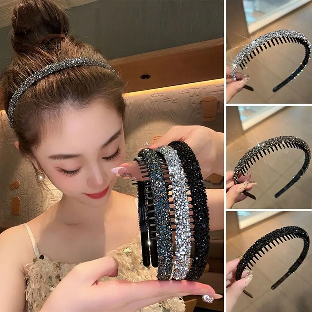 

Vintage Plastic Rhinestone Headband Make Up Face Wash Hairband with Toothed Korean Style Diamond Hair Hoop Non-slip