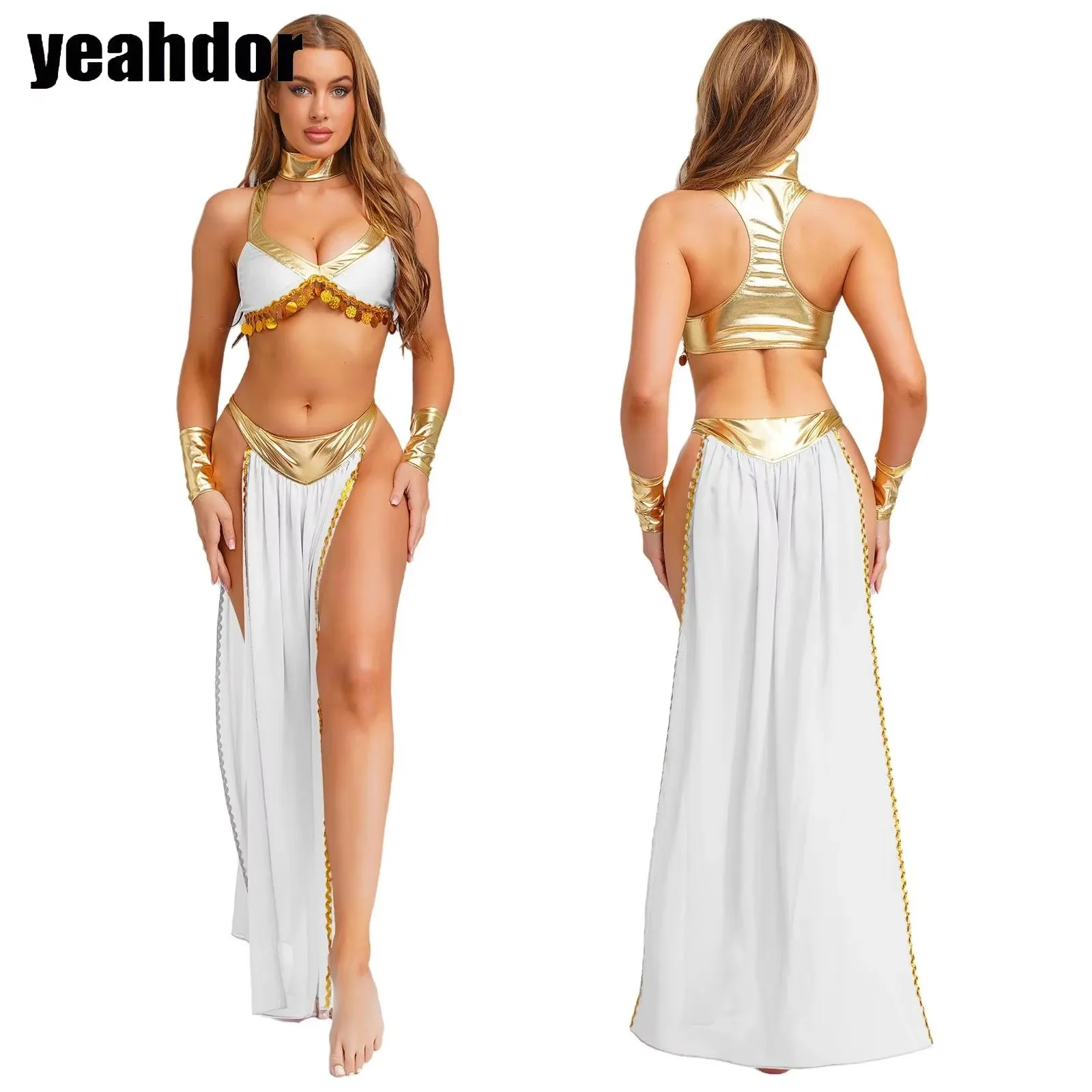 

Women Ancient Egyptian Queen Cosplay Outfits with Collar Crop Tops with Chiffon Skirt Metallic Shiny Indian Belly Dance Costumes
