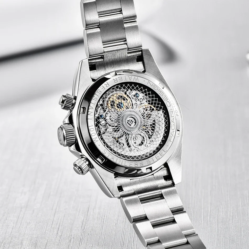 Novo pagani 1653 design moda arco-íris moldura masculino relógio de pulso mecânico luxo vidro safira oco para fora relógio automático para homem