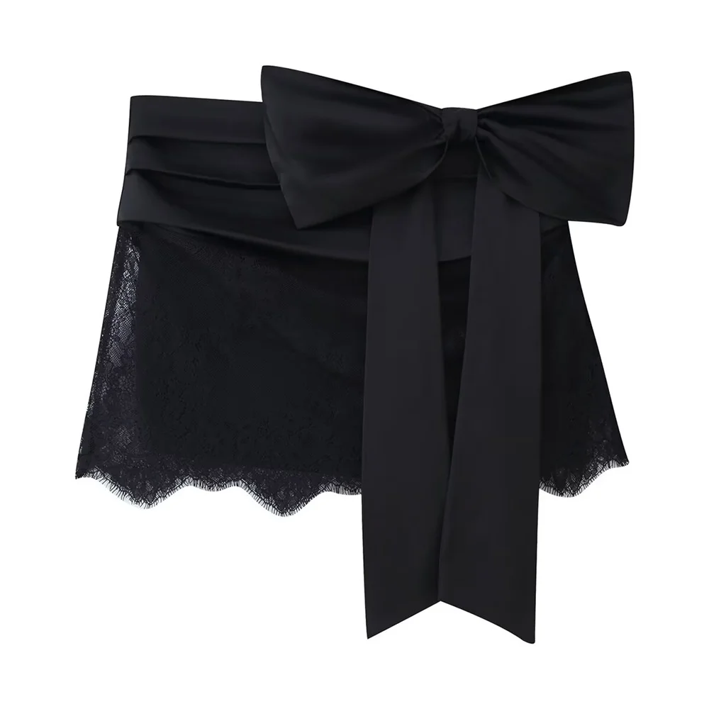 Autumn New Women's Fashion Lace Satin Texture Top and Splicing Lace Bow Mini Skirt
