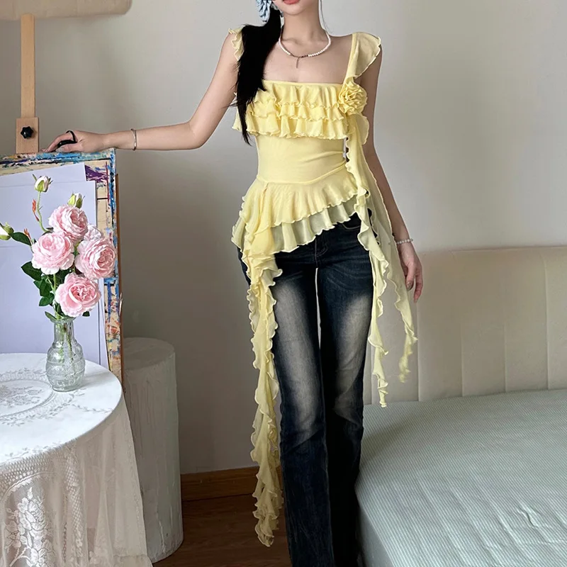 

2024 Summer New Women's Fashionable and Atmospheric Pleated Sleeveless Ruffled Edge Design, Solid Color Vest