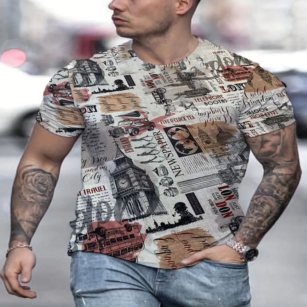 New Summer Plus Size Men\'s Retro Casual Newspaper 3D Printing Fashion Round Neck Pullover Short Sleeve Loose Top Design Harajuku