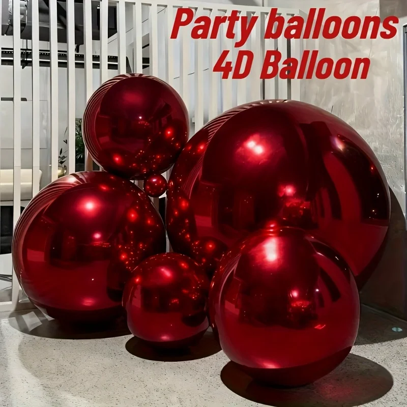 4pcs Burgundy Balloons (10-32")  Stand. No Helium Needed. Reusable Reflective Sphere for Xmas, Wedding, Birthday, Garden Party