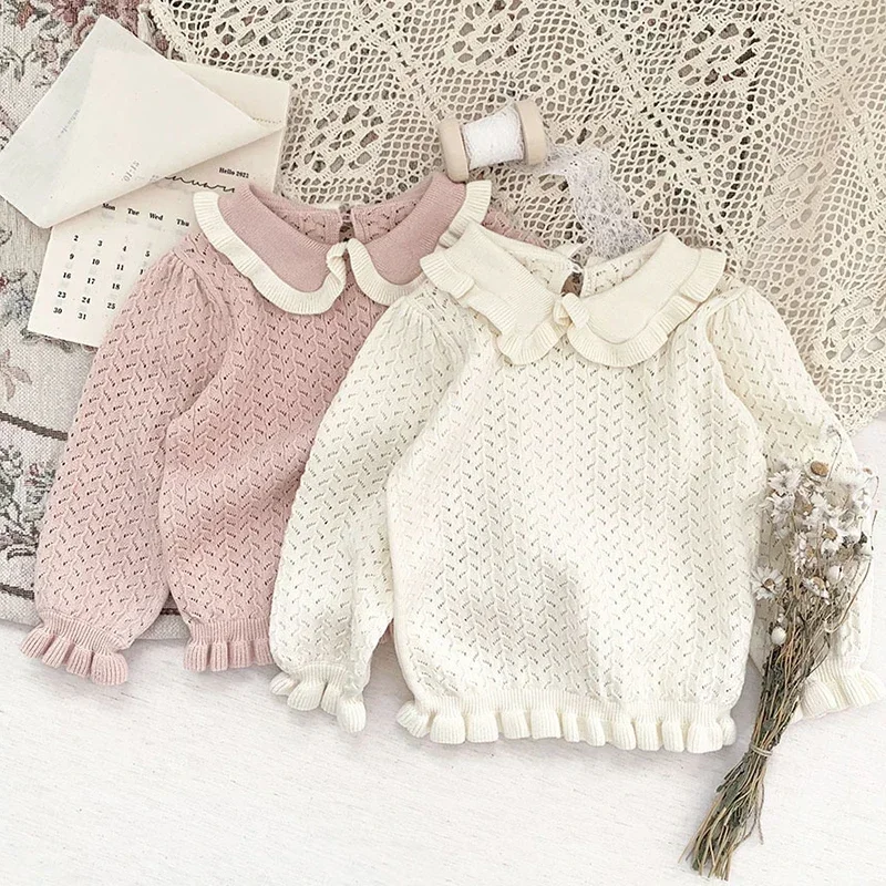 

2022 Kids Knitted Pullover Girls Long Sleeve Knit Ruffle Sweater Hollow Cotton Autumn Baby Clothing Girls Pullover Sweaters