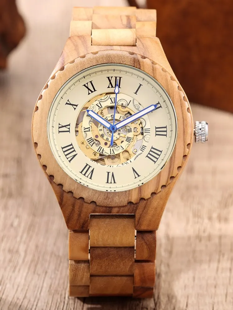 Olive Wood Luminous Needle Automatic Watch for Men Roman Numeral Yellow Adjustable Wooden Band Skeleton Mechanical Wristwatches