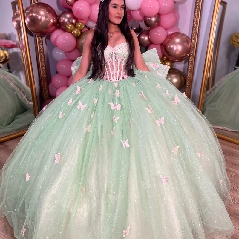 Блестящие платья Quinceanera с открытыми плечами цвета шалфея, 2025, платья принцессы с бантом и хрустальными бусинами, на шнуровке